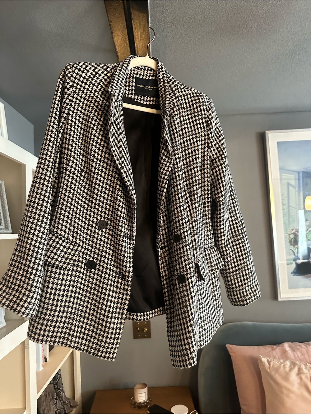 Amanda Uprichard Black & White Houndstooth Double-Breasted Blazer